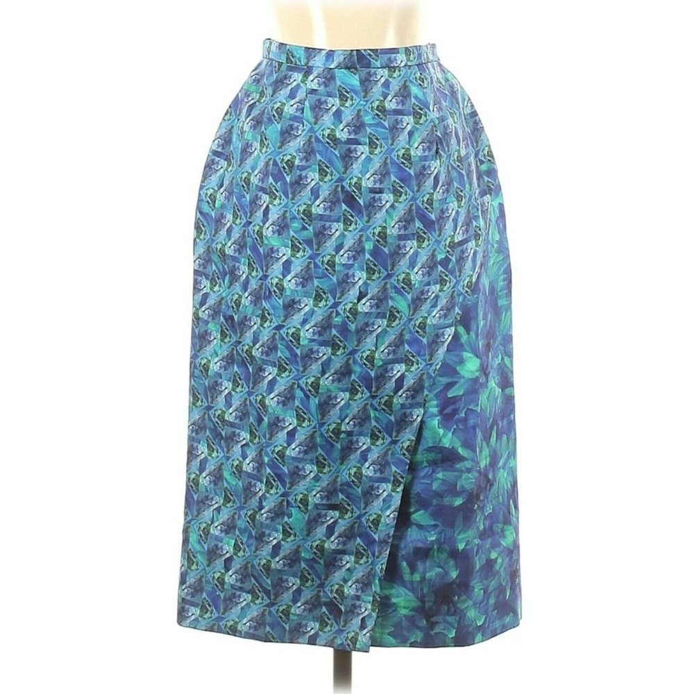 Rachel Alex Silk Mod Style Faux Wrap‎ Skirt Geometric Blue Teal Sz XXS 00